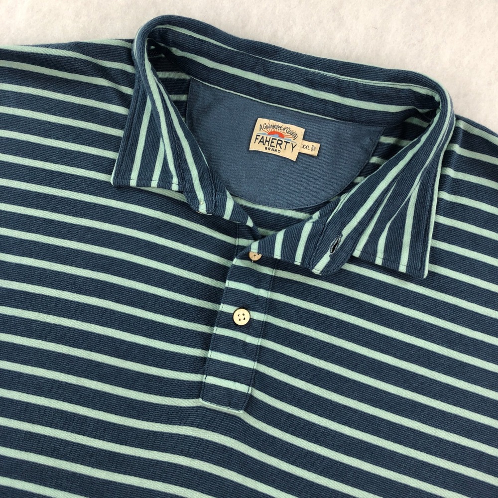 FAHERTY BRAND Mens XXL Striped Polo Shirt Short Sleeve Blue Green Cotton Coastal